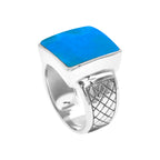 Starborn High Grade Peruvian Blue Opal Men’s Ring with Geometric Shank Accents in Sterling Silver