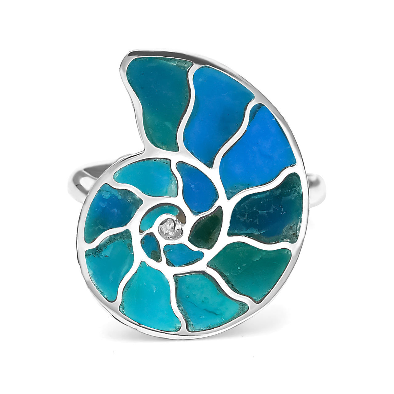 Starborn Ammonite Inlay Peruvian Blue Opal Ring in Sterling Silver