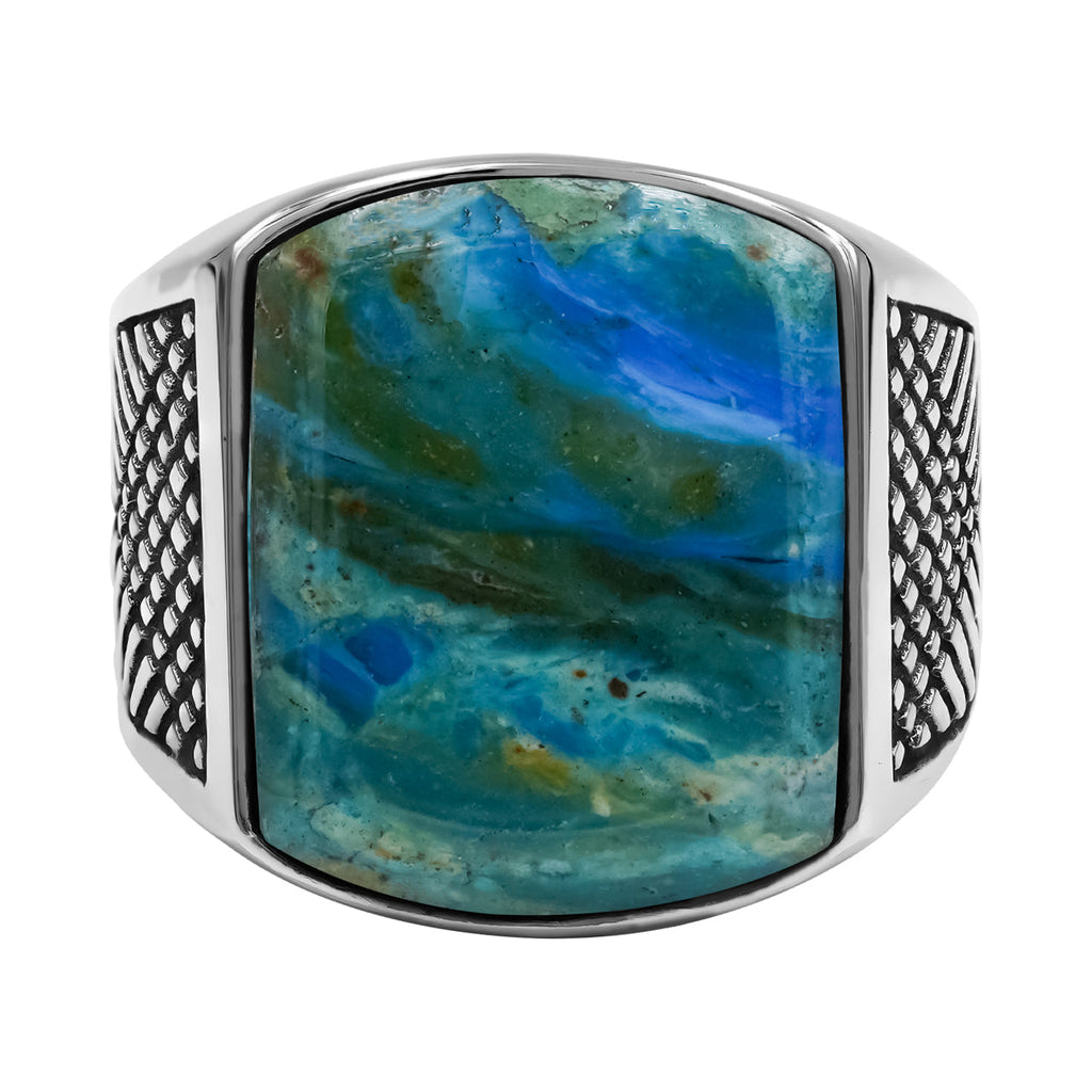 Starborn Peruvian Blue Opal Cushion-Shaped Men's Style Ring in Sterling Silver