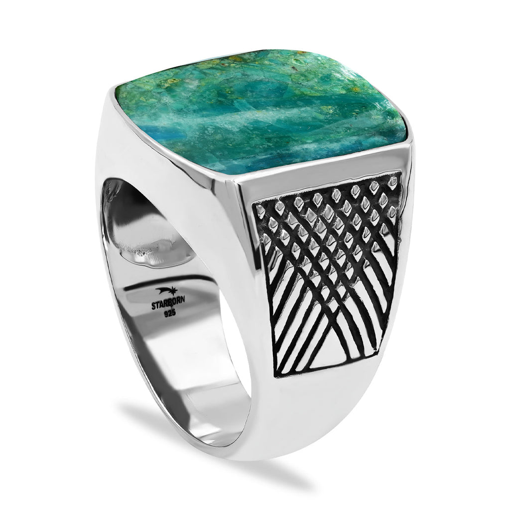 Starborn Peruvian Blue Opal Cushion-Shaped Men's Style Ring in Sterling Silver