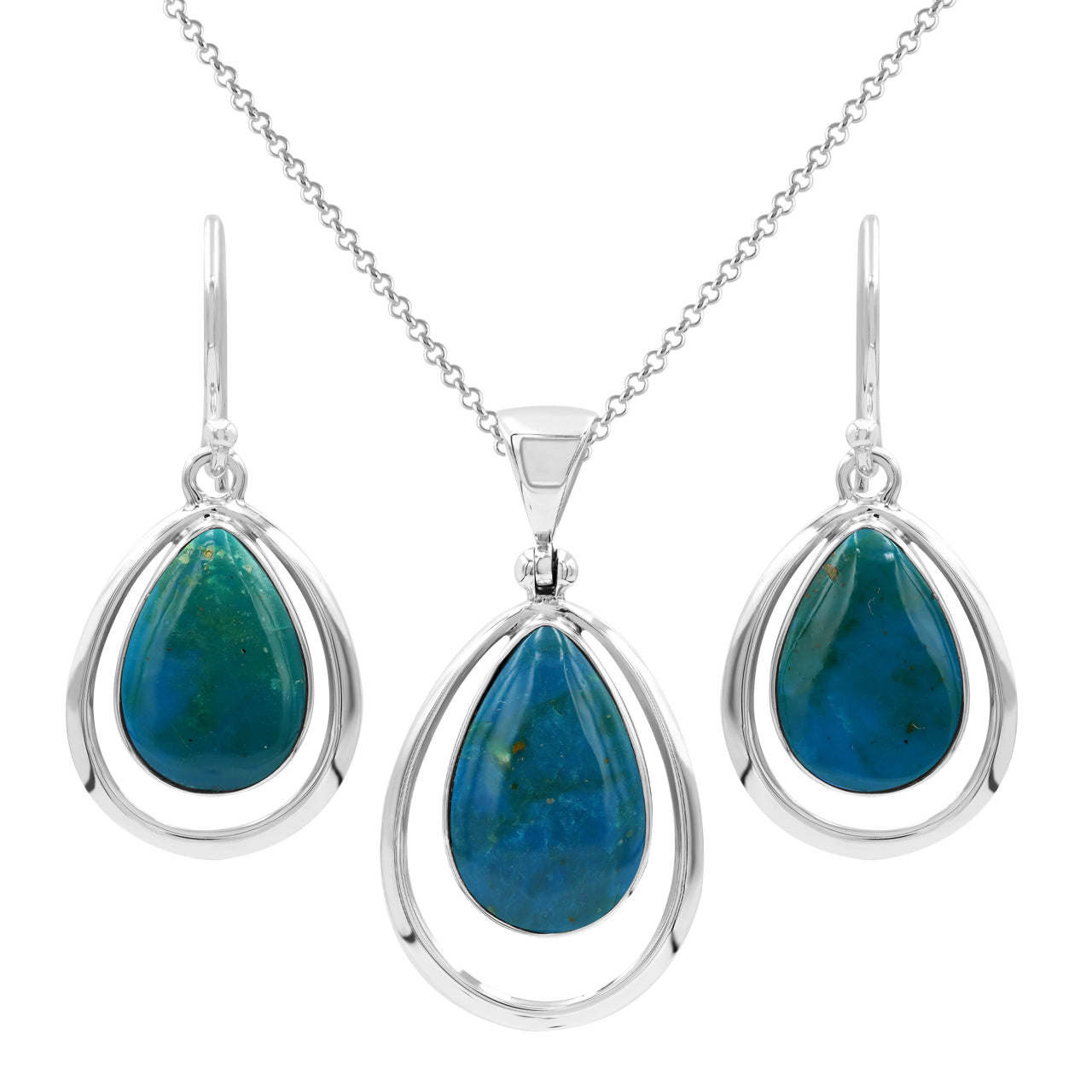 Starborn Peruvian Blue Opal Pear-Shaped Wire Frame Pendant and Earring Set in Sterling Silver