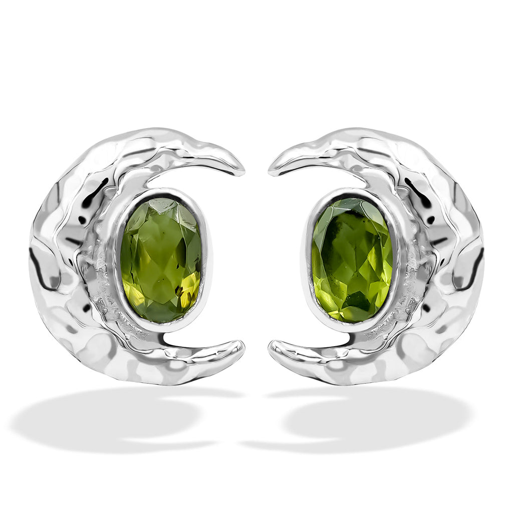 Starborn Faceted Oval Gemstone Post Earrings with Hammered Crescent Moon Accent in Sterling Silver