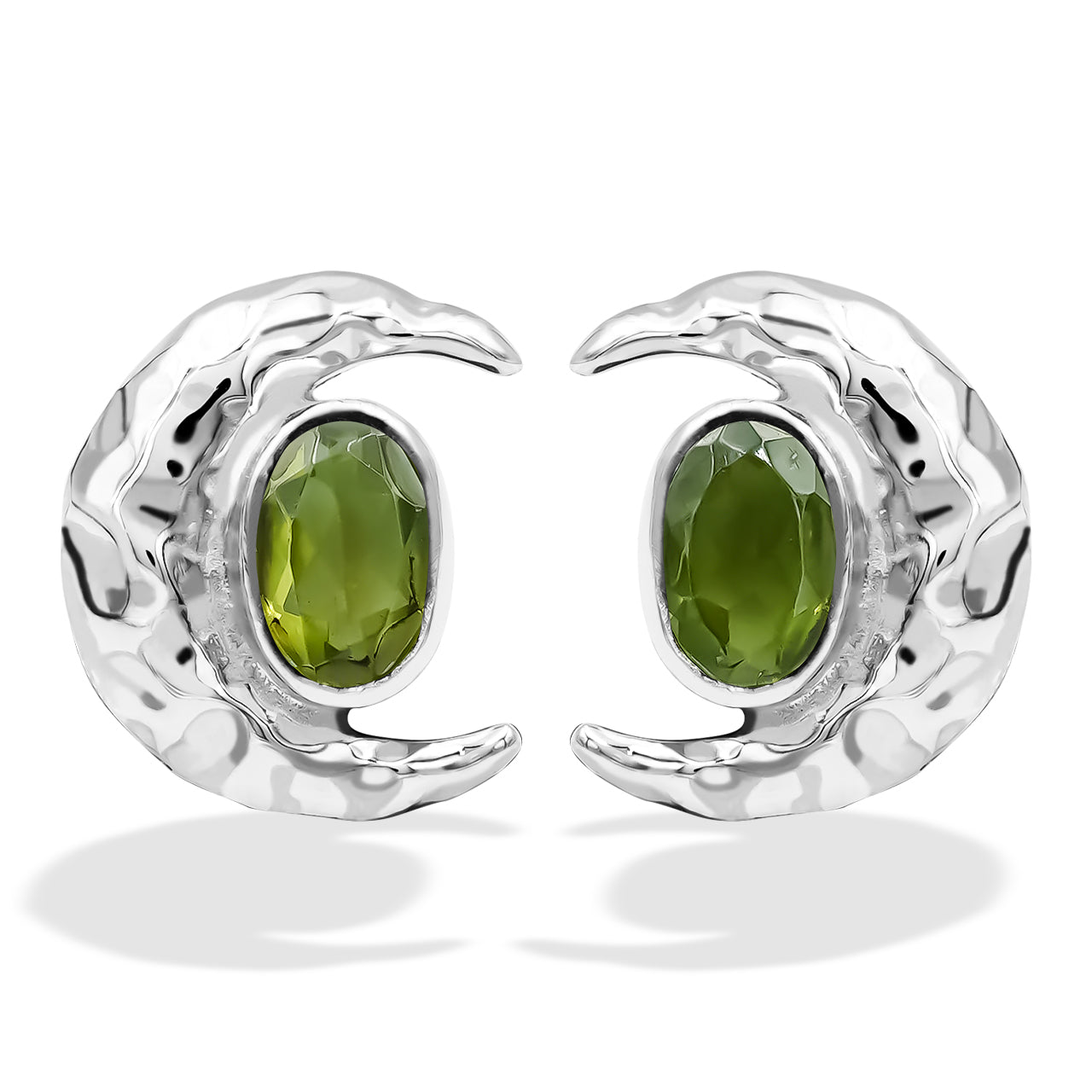 Starborn Faceted Oval Gemstone Post Earrings with Hammered Crescent Moon Accent in Sterling Silver
