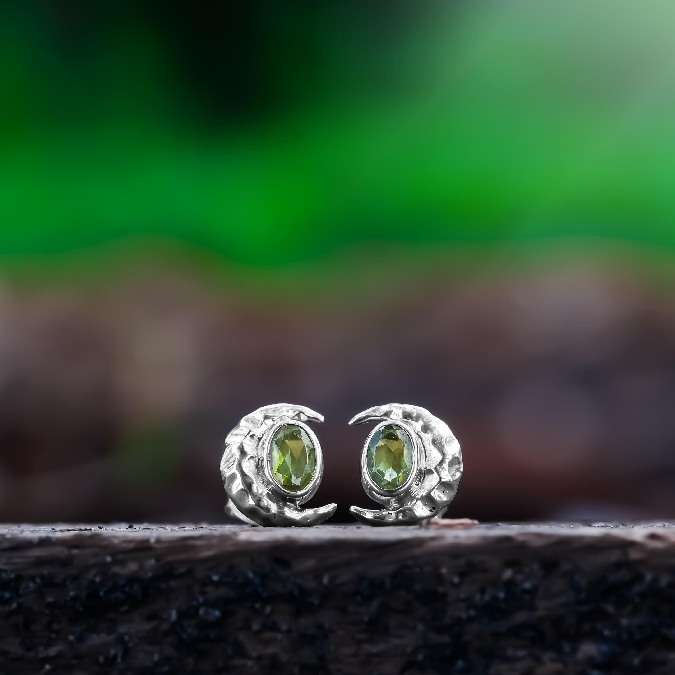 Starborn Faceted Oval Gemstone Post Earrings with Hammered Crescent Moon Accent in Sterling Silver