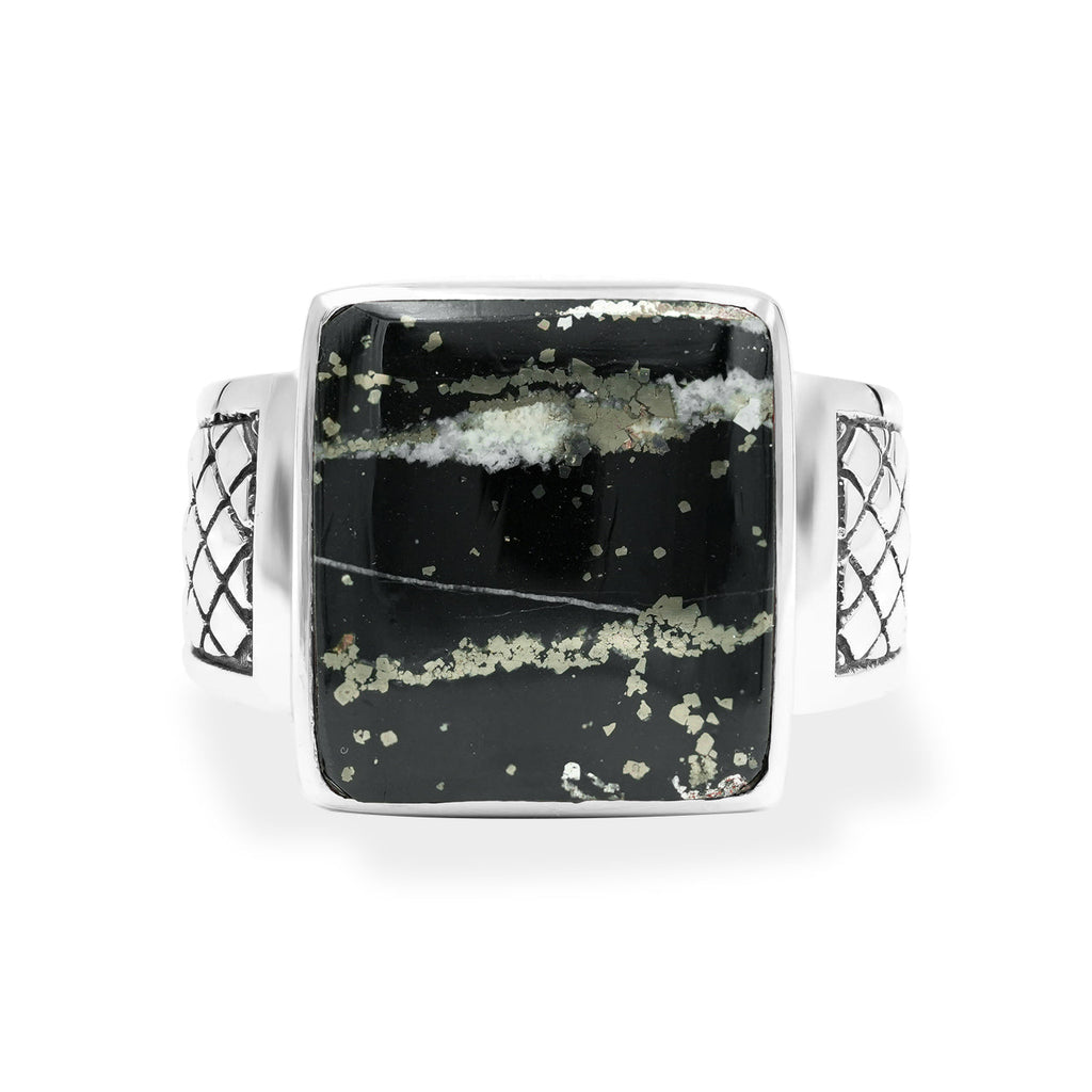 Starborn Schiefer Pyrite Men’s Ring with Geometric Shank Accents in Sterling Silver