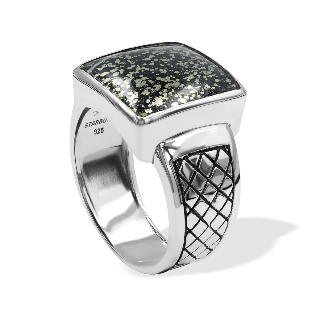 Starborn Schiefer Pyrite Men’s Ring with Geometric Shank Accents in Sterling Silver