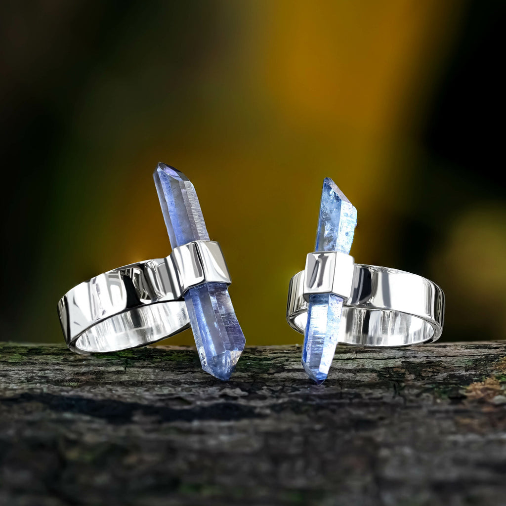 Starborn Tanzanite Aura Quartz Crystal with Silver Band Ring in Sterling Silver