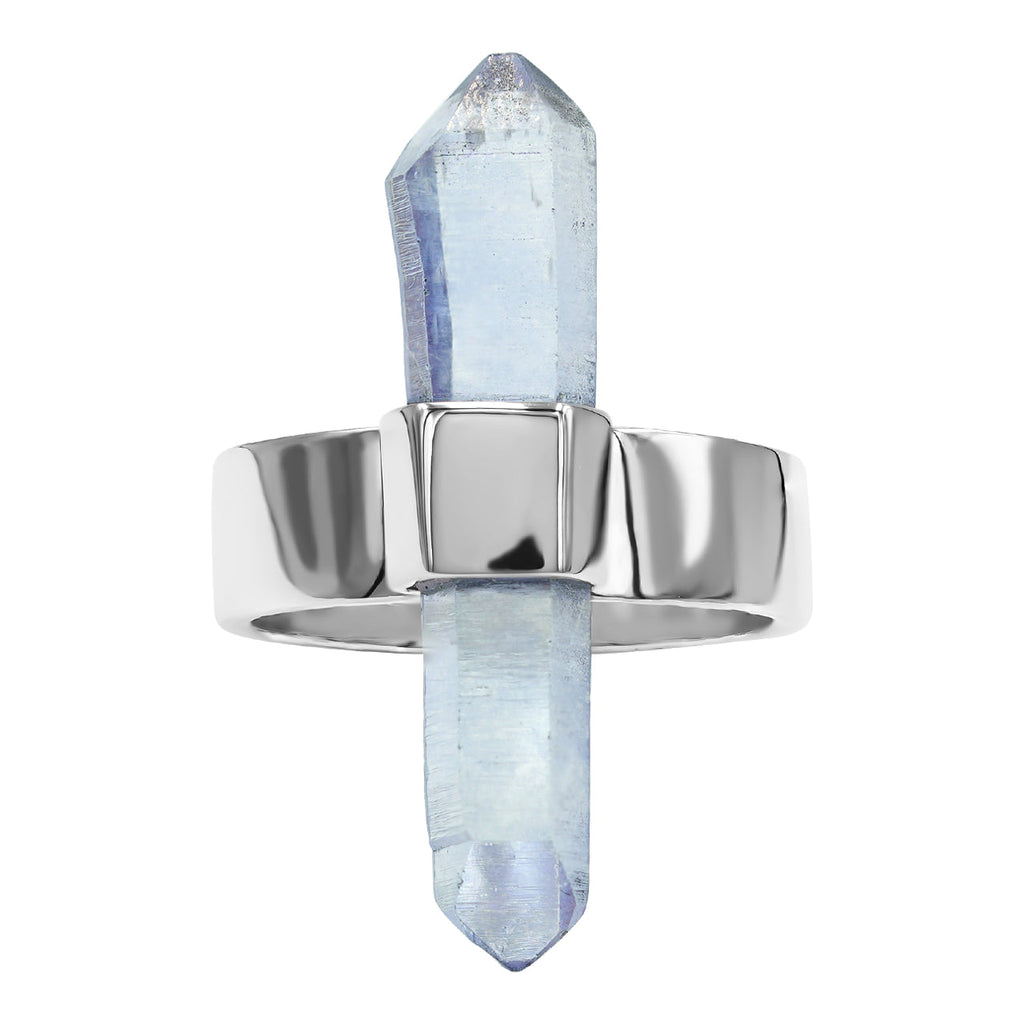 Starborn Tanzanite Aura Quartz Crystal with Silver Band Ring in Sterling Silver
