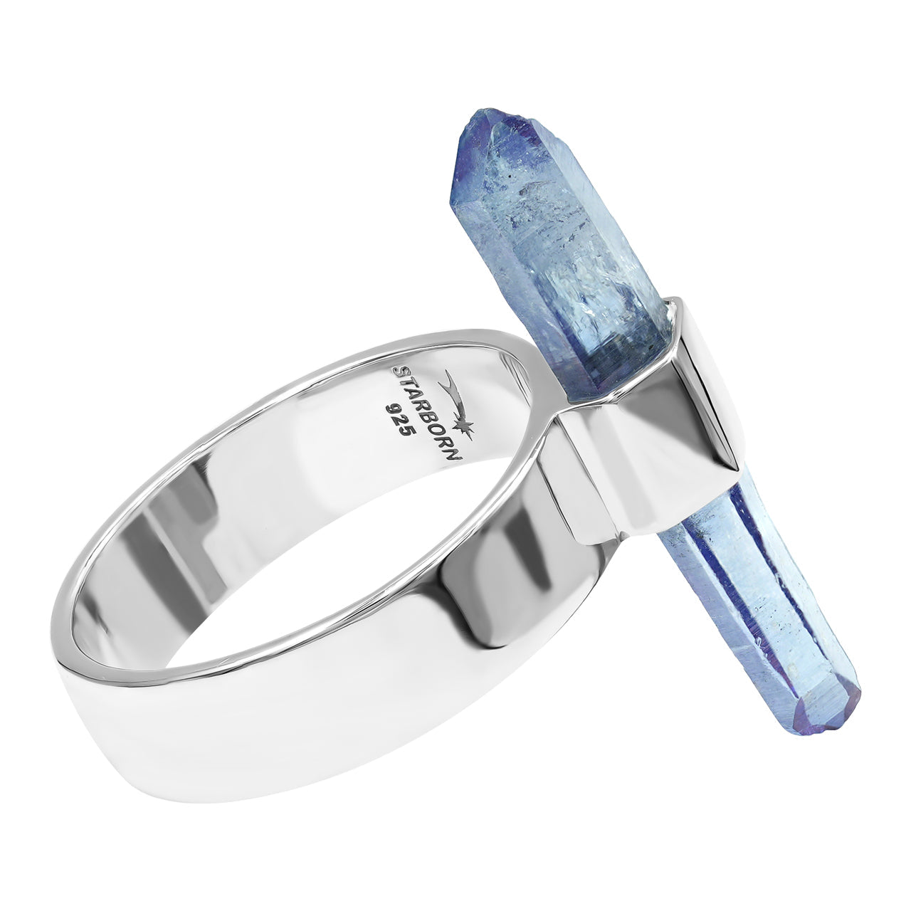 Starborn Tanzanite Aura Quartz Crystal with Silver Band Ring in Sterling Silver