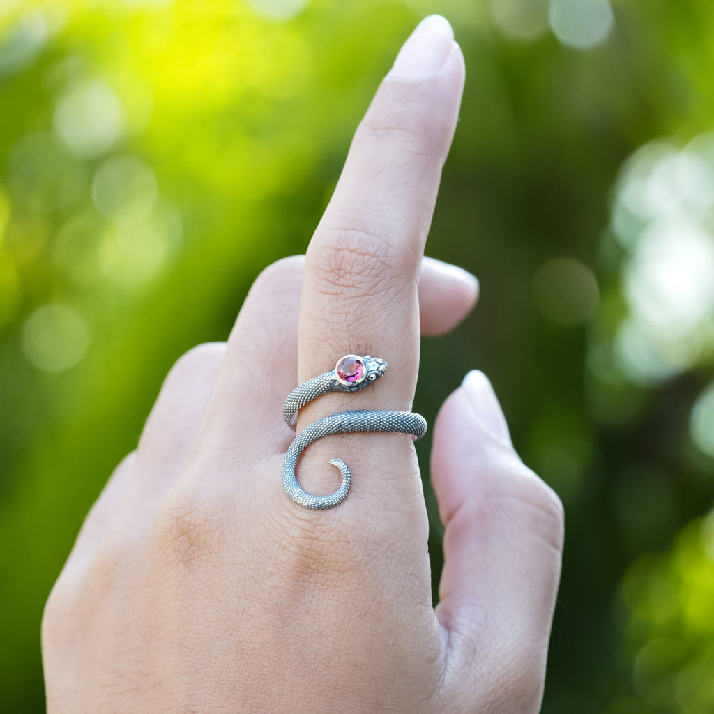 Starborn Coiled Snake Ring with Faceted Rubellite in Sterling Silver