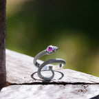 Starborn Coiled Snake Ring with Faceted Rubellite in Sterling Silver