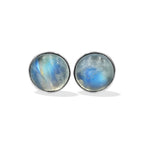 Starborn Rainbow Moonstone Round Cabochon Single Bezel Post Earrings in Sterling Silver