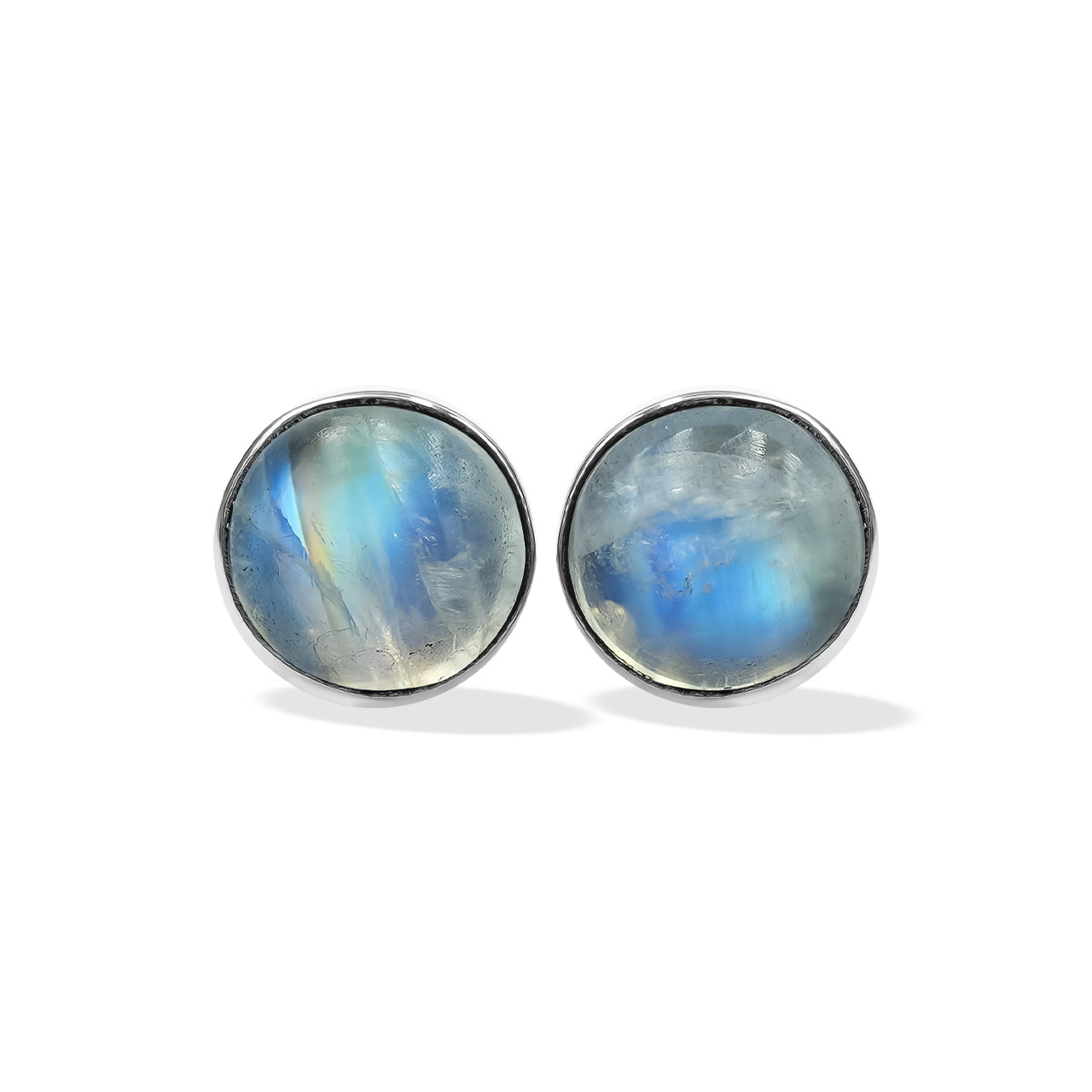 Starborn Rainbow Moonstone Round Cabochon Single Bezel Post Earrings in Sterling Silver