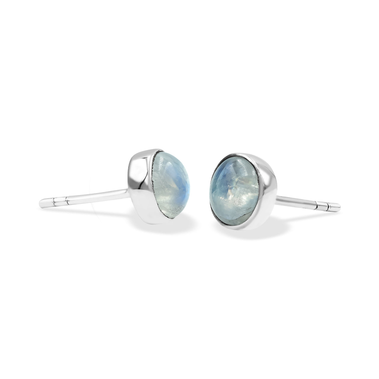 Starborn Rainbow Moonstone Round Cabochon Single Bezel Post Earrings in Sterling Silver
