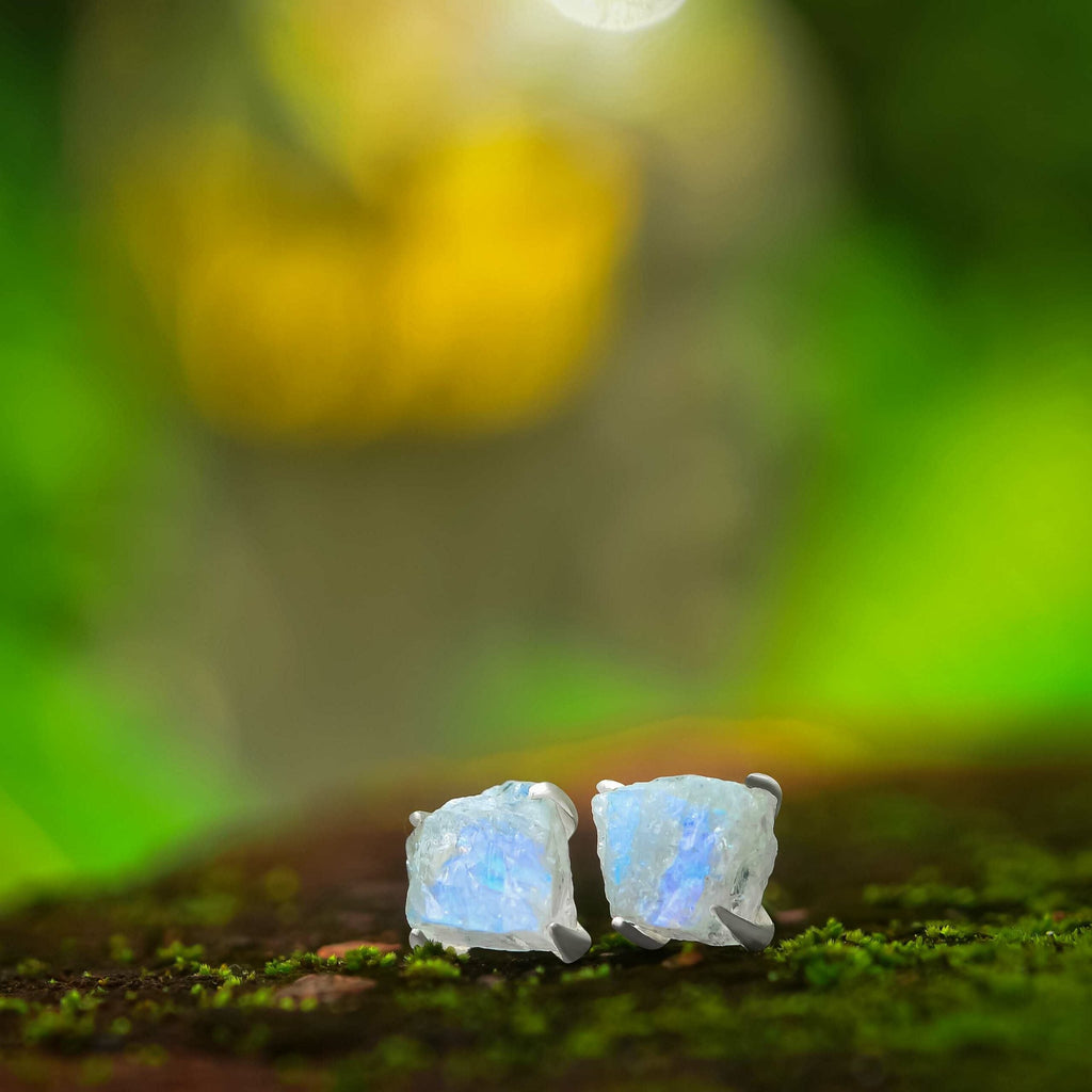 Starborn Rough Rainbow Moonstone Post Style Earrings in Sterling Silver