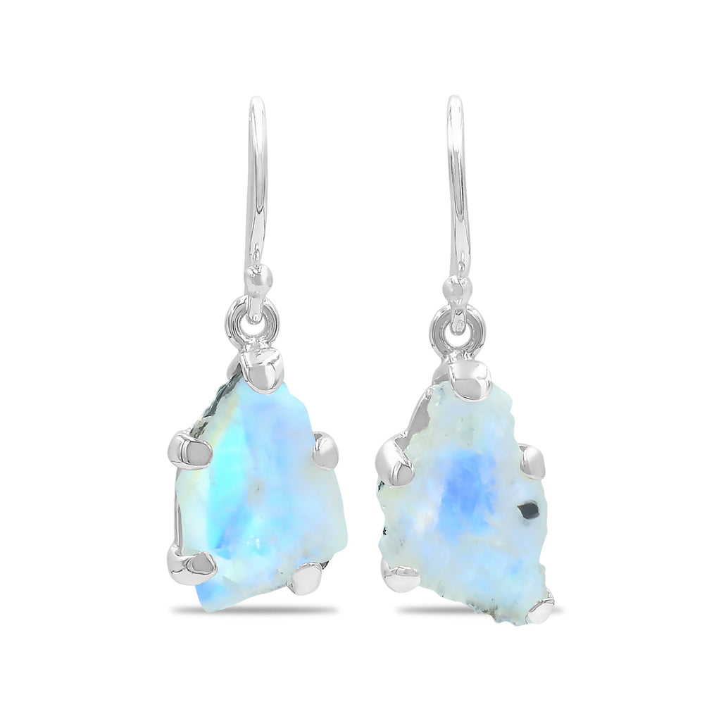 Starborn Rainbow Moonstone Slice Dangle Earrings in Sterling Silver