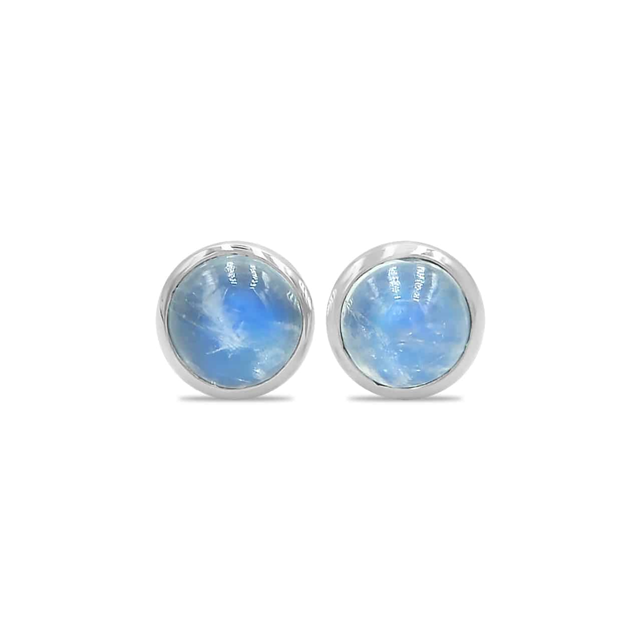 Starborn Rainbow Moonstone Round Cabochon Single Bezel Post Earrings in Sterling Silver