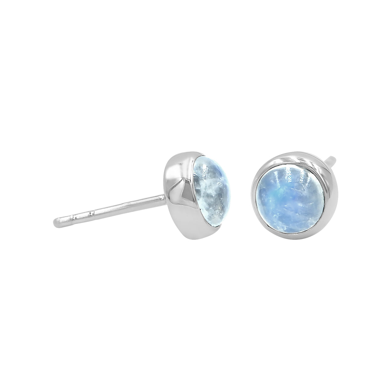 Starborn Rainbow Moonstone Round Cabochon Single Bezel Post Earrings in Sterling Silver