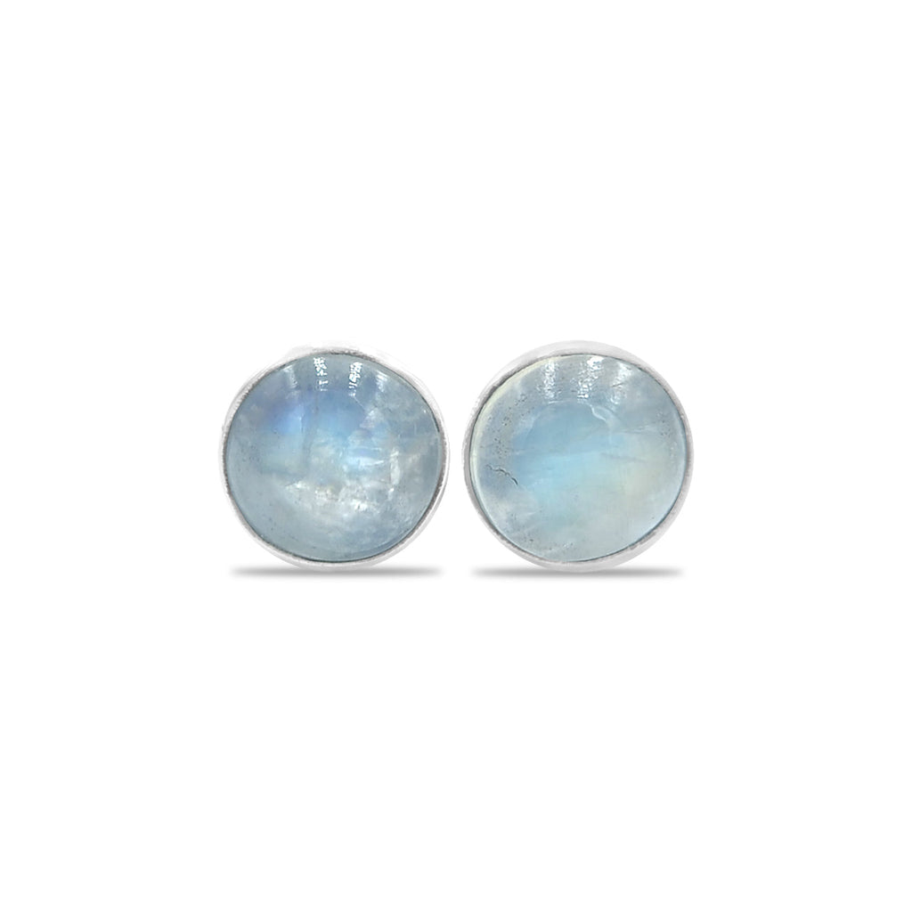 Starborn Rainbow Moonstone Round Cabochon Single Bezel Post Earrings in Sterling Silver