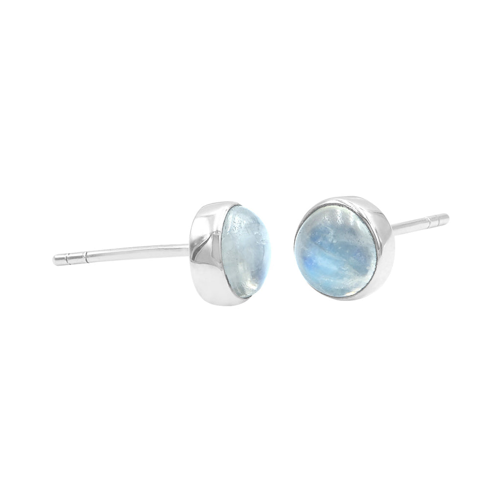 Starborn Rainbow Moonstone Round Cabochon Single Bezel Post Earrings in Sterling Silver