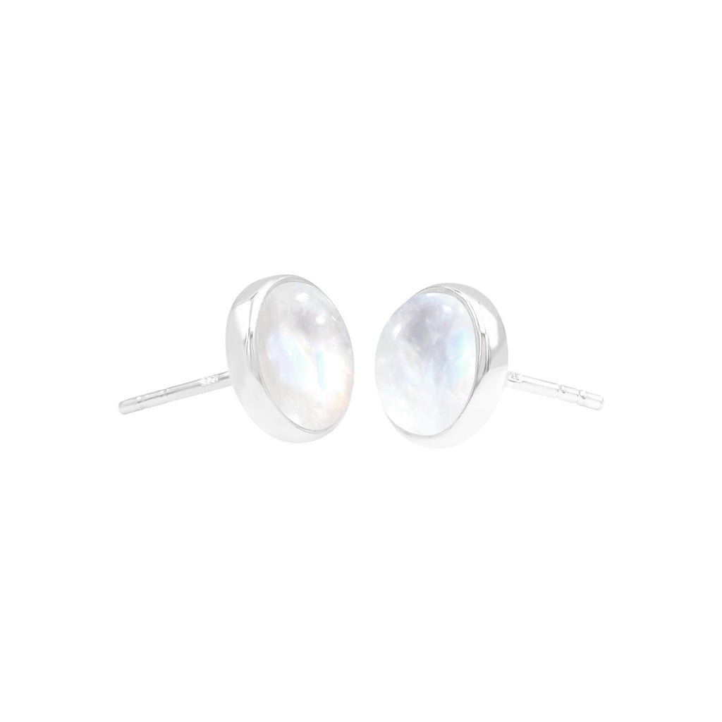 Starborn Rainbow Moonstone Round Cabochon Single Bezel Post Earrings in Sterling Silver