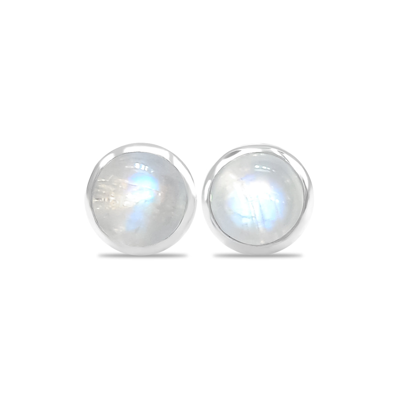 Starborn Rainbow Moonstone Round Cabochon Single Bezel Post Earrings in Sterling Silver
