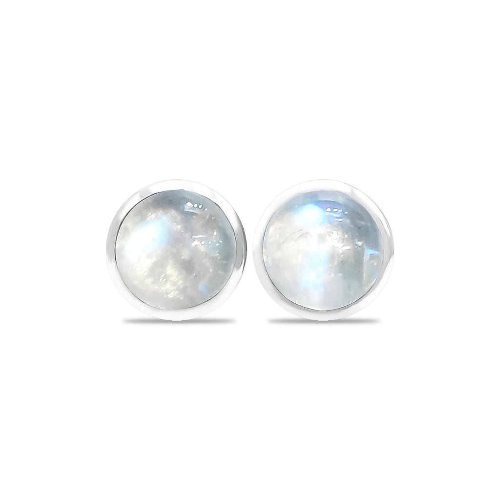 Starborn Rainbow Moonstone Round Cabochon Single Bezel Post Earrings in Sterling Silver