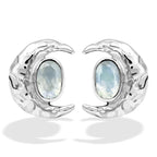 Starborn Faceted Oval Gemstone Post Earrings with Hammered Crescent Moon Accent in Sterling Silver