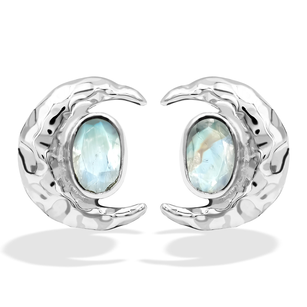 Starborn Faceted Oval Gemstone Post Earrings with Hammered Crescent Moon Accent in Sterling Silver
