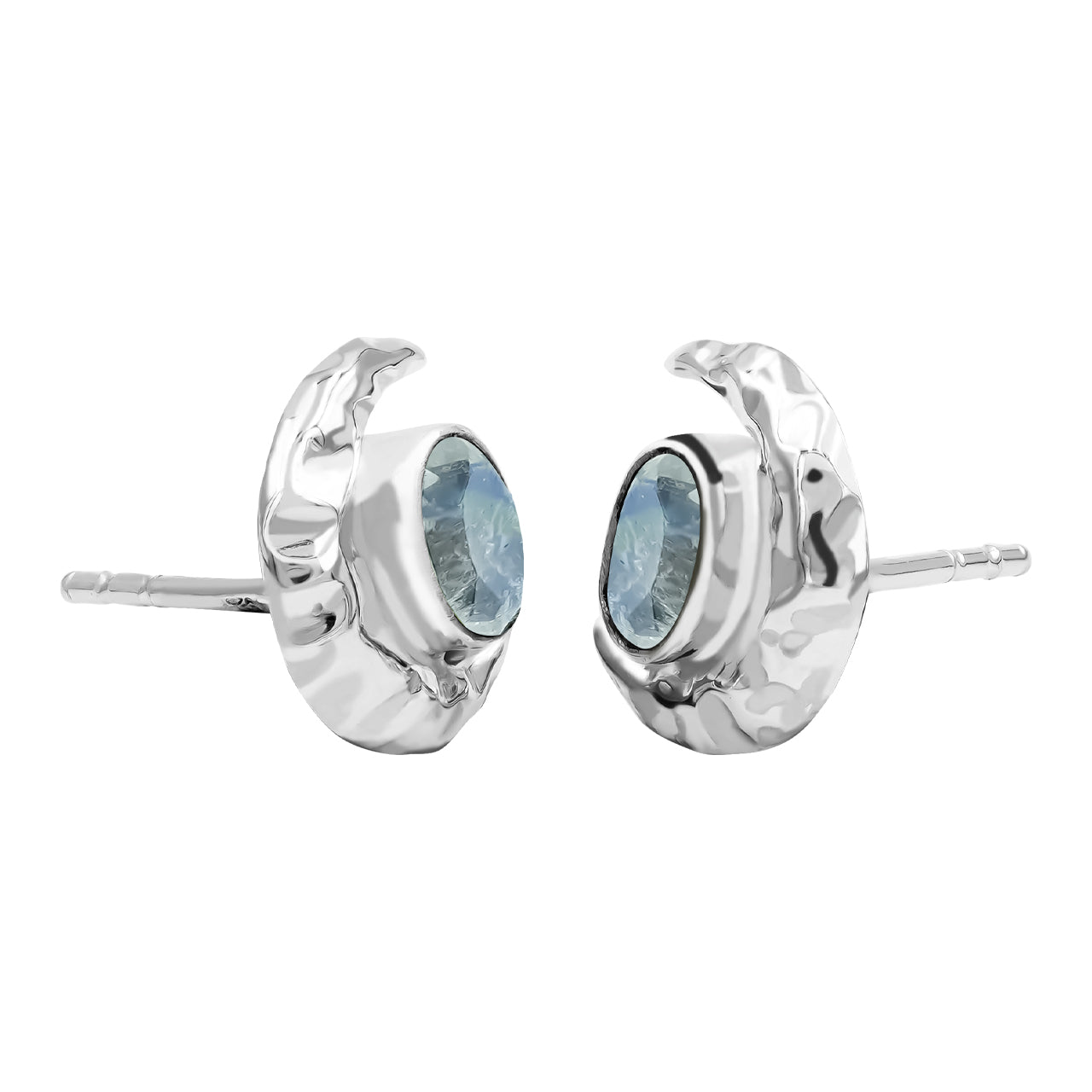 Starborn Faceted Oval Gemstone Post Earrings with Hammered Crescent Moon Accent in Sterling Silver