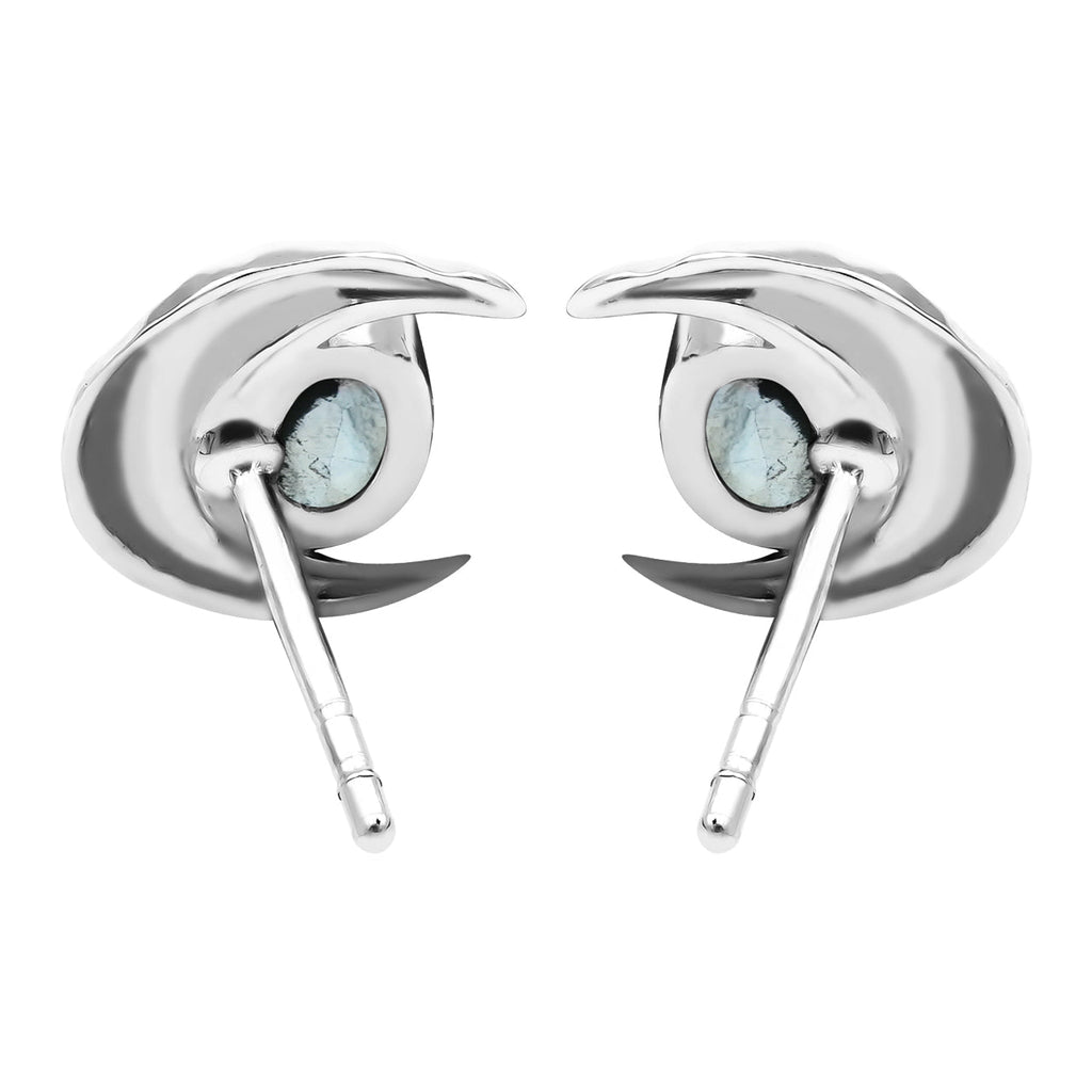Starborn Faceted Oval Gemstone Post Earrings with Hammered Crescent Moon Accent in Sterling Silver