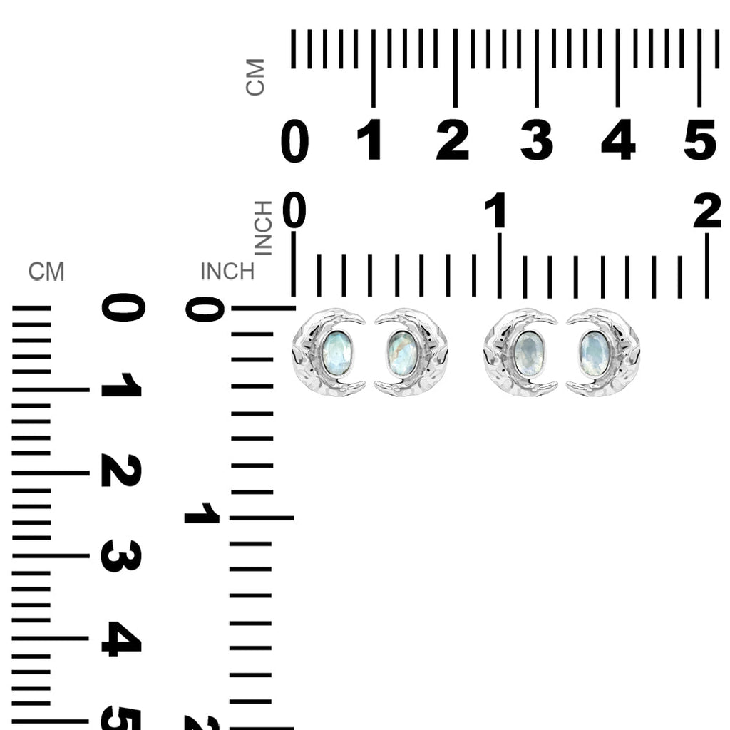 Starborn Faceted Oval Gemstone Post Earrings with Hammered Crescent Moon Accent in Sterling Silver