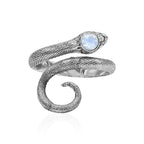Starborn Coiled Snake Ring with Faceted Rainbow Moonstone in Sterling Silver