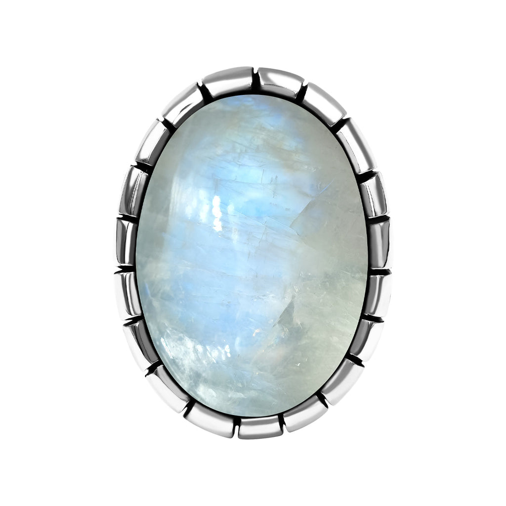 Starborn Rainbow Moonstone Striped Bezel Ring with Bali Design Shank in Sterling Silver
