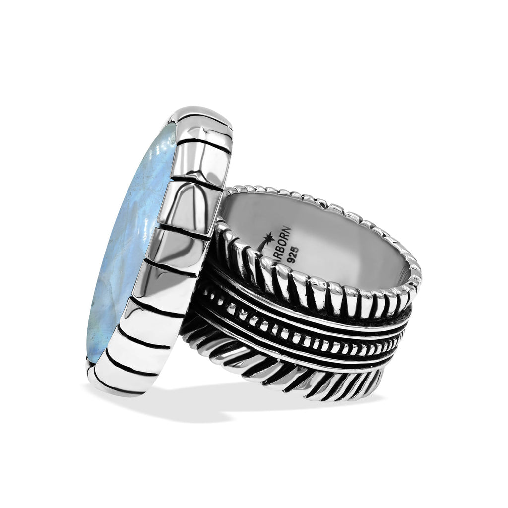 Starborn Rainbow Moonstone Striped Bezel Ring with Bali Design Shank in Sterling Silver