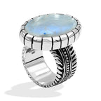 Starborn Rainbow Moonstone Striped Bezel Ring with Bali Design Shank in Sterling Silver