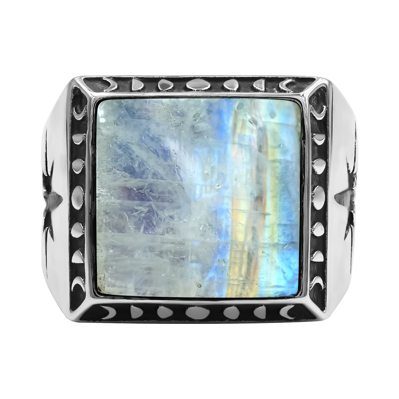 Starborn Rainbow Moonstone Square Men's Ring with Octagram in Sterling Silver