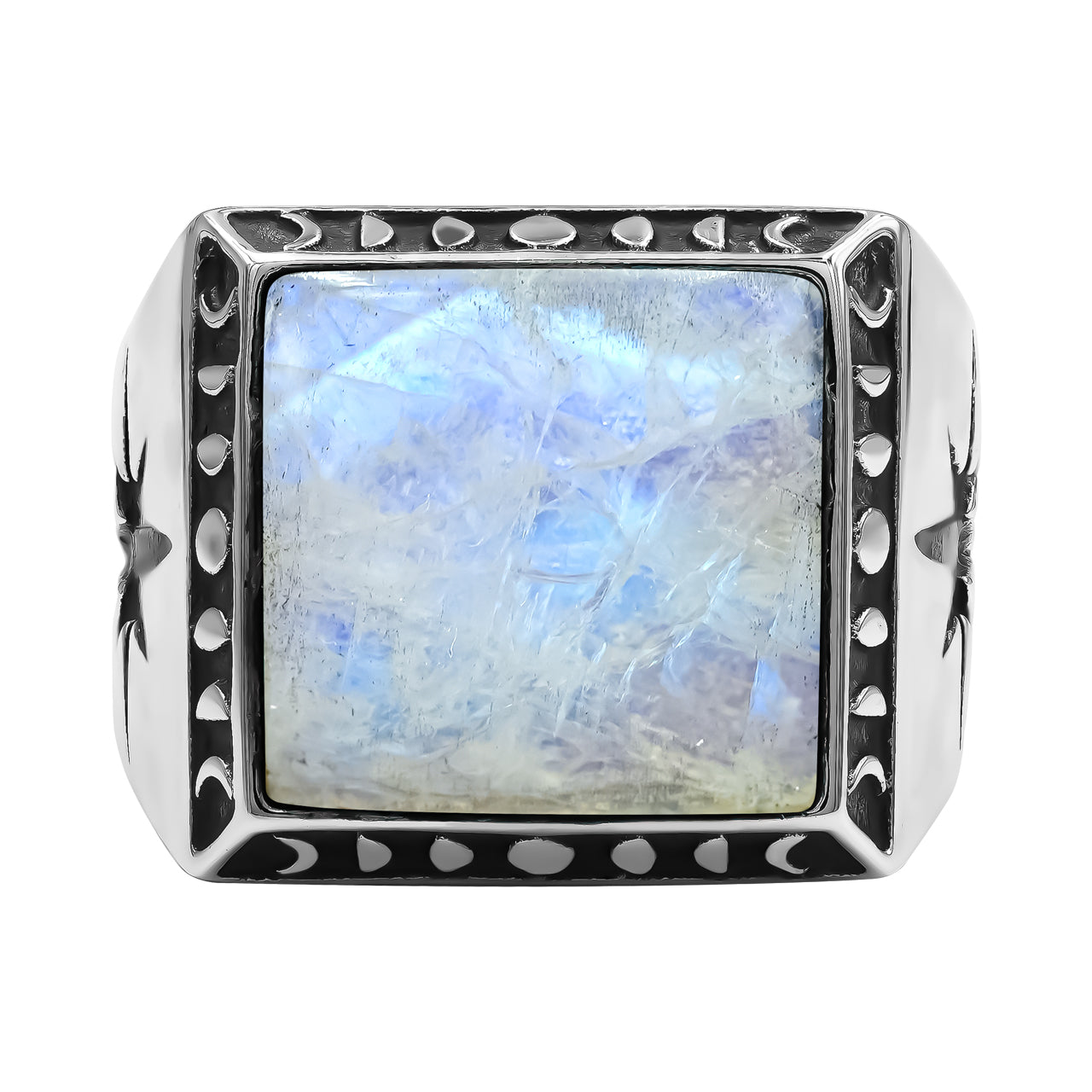 Starborn Rainbow Moonstone Square Men's Ring with Octagram in Sterling Silver