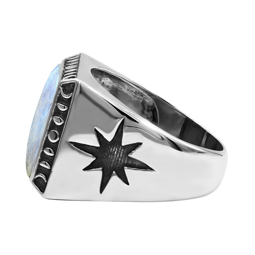 Starborn Rainbow Moonstone Square Men's Ring with Octagram in Sterling Silver