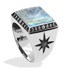 Starborn Rainbow Moonstone Square Men's Ring with Octagram in Sterling Silver
