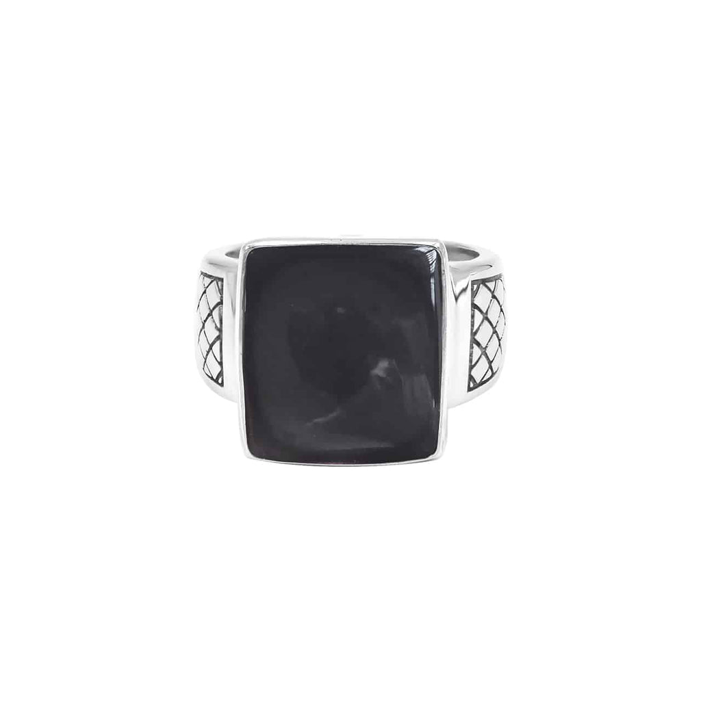 Starborn Rainbow Obsidian Men’s Ring with Geometric Shank Accents in Sterling Silver