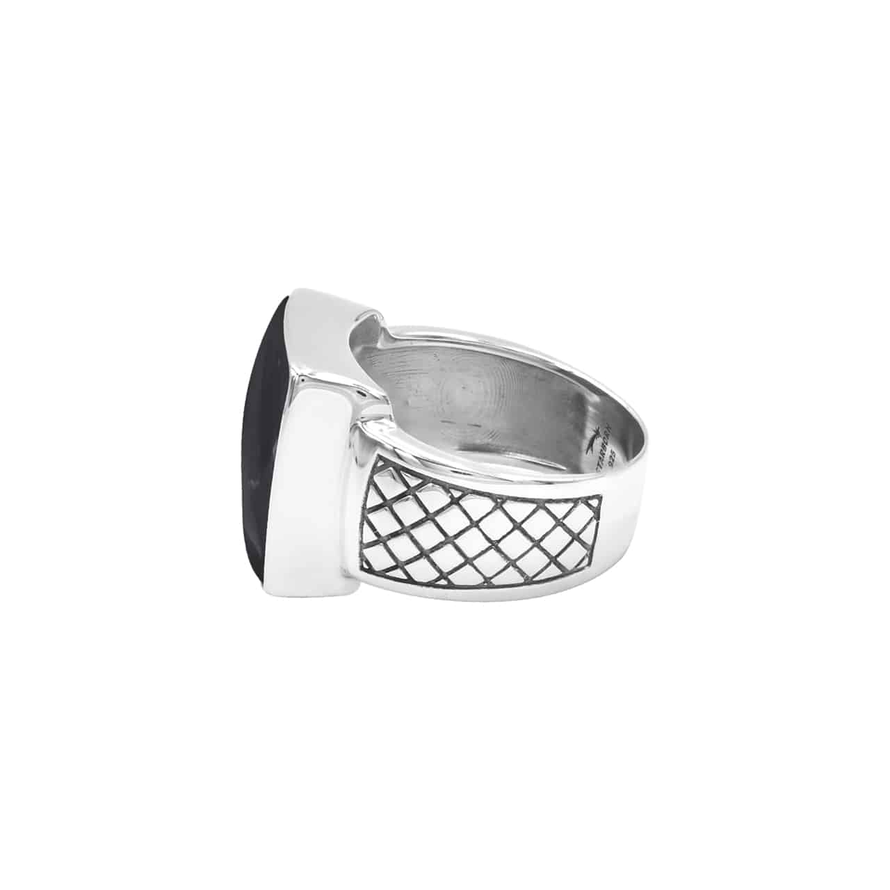 Starborn Rainbow Obsidian Men’s Ring with Geometric Shank Accents in Sterling Silver