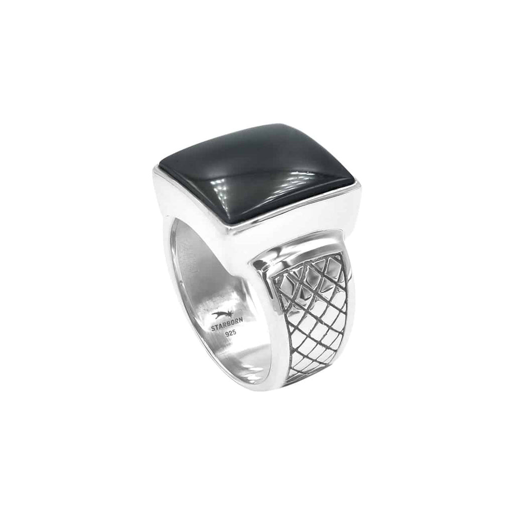 Starborn Rainbow Obsidian Men’s Ring with Geometric Shank Accents in Sterling Silver