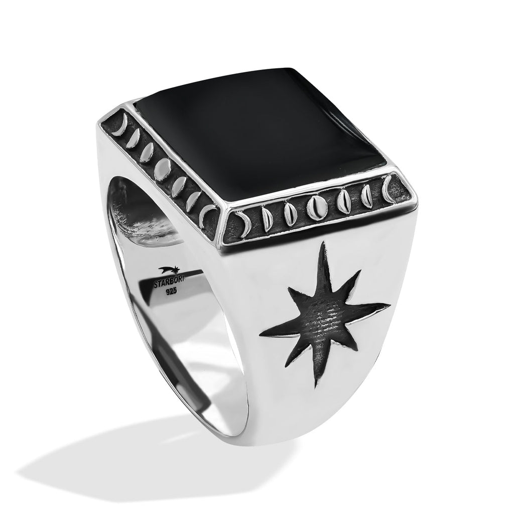 Starborn Rainbow Obsidian Men's Ring with Octagram in Sterling Silver