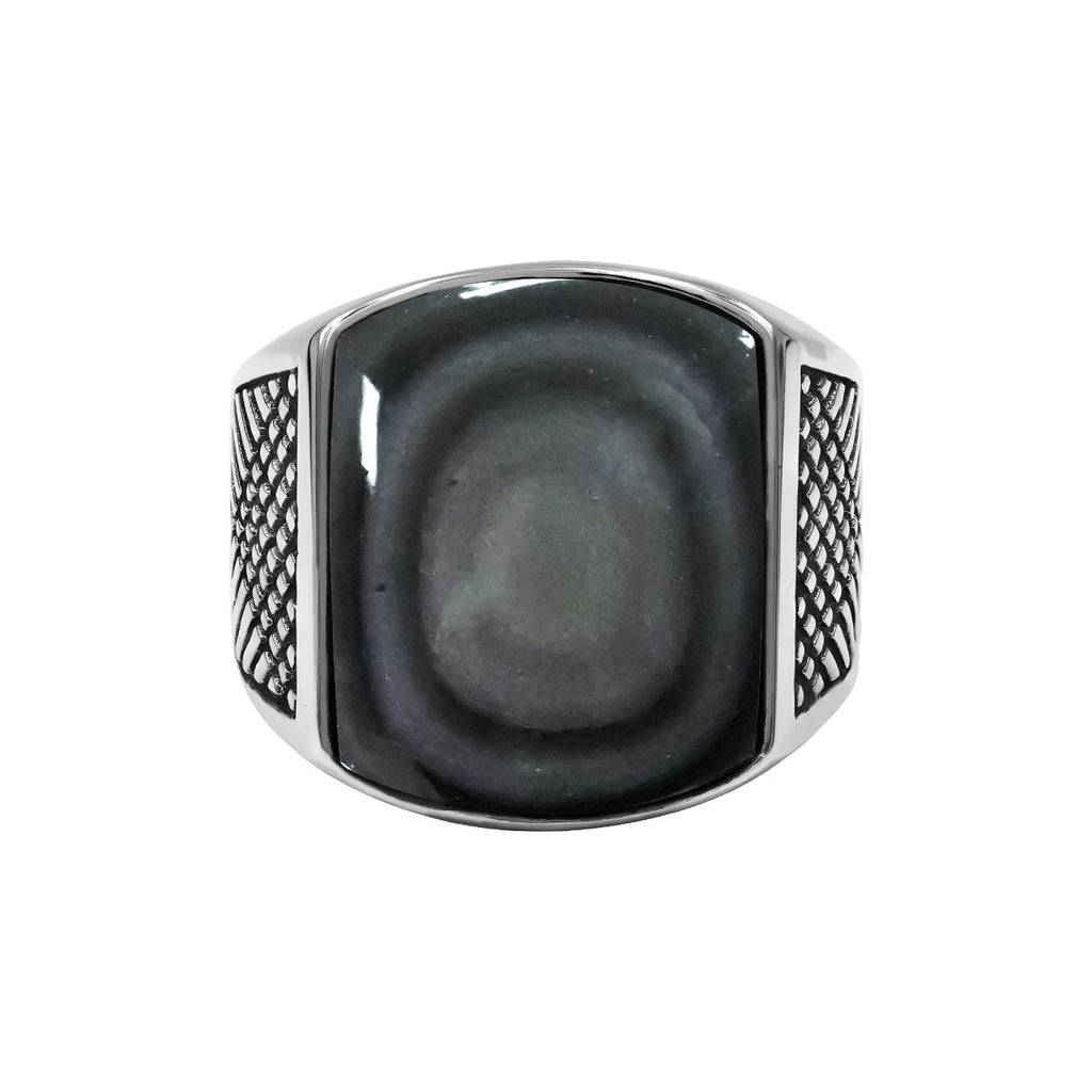 Starborn Rainbow Obsidian Cushion-Shaped Men's Style Ring in Sterling Silver