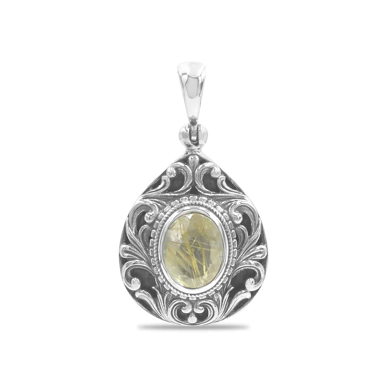 Starborn Elegant Scroll Rutilated Quartz Pendant in Sterling Silver