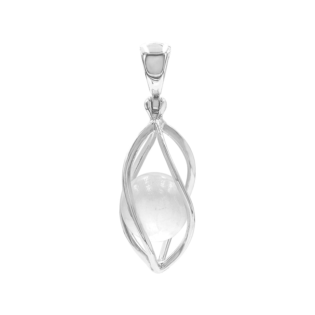 Starborn Selenite Sphere 10mm Spiral Caged Pendant in Sterling Silver