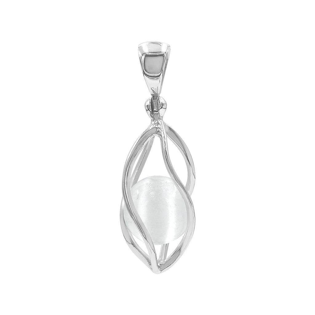 Starborn Selenite Sphere 10mm Spiral Caged Pendant in Sterling Silver