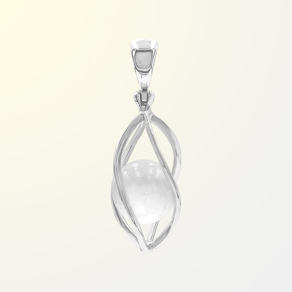 Starborn Selenite Sphere 10mm Spiral Caged Pendant in Sterling Silver