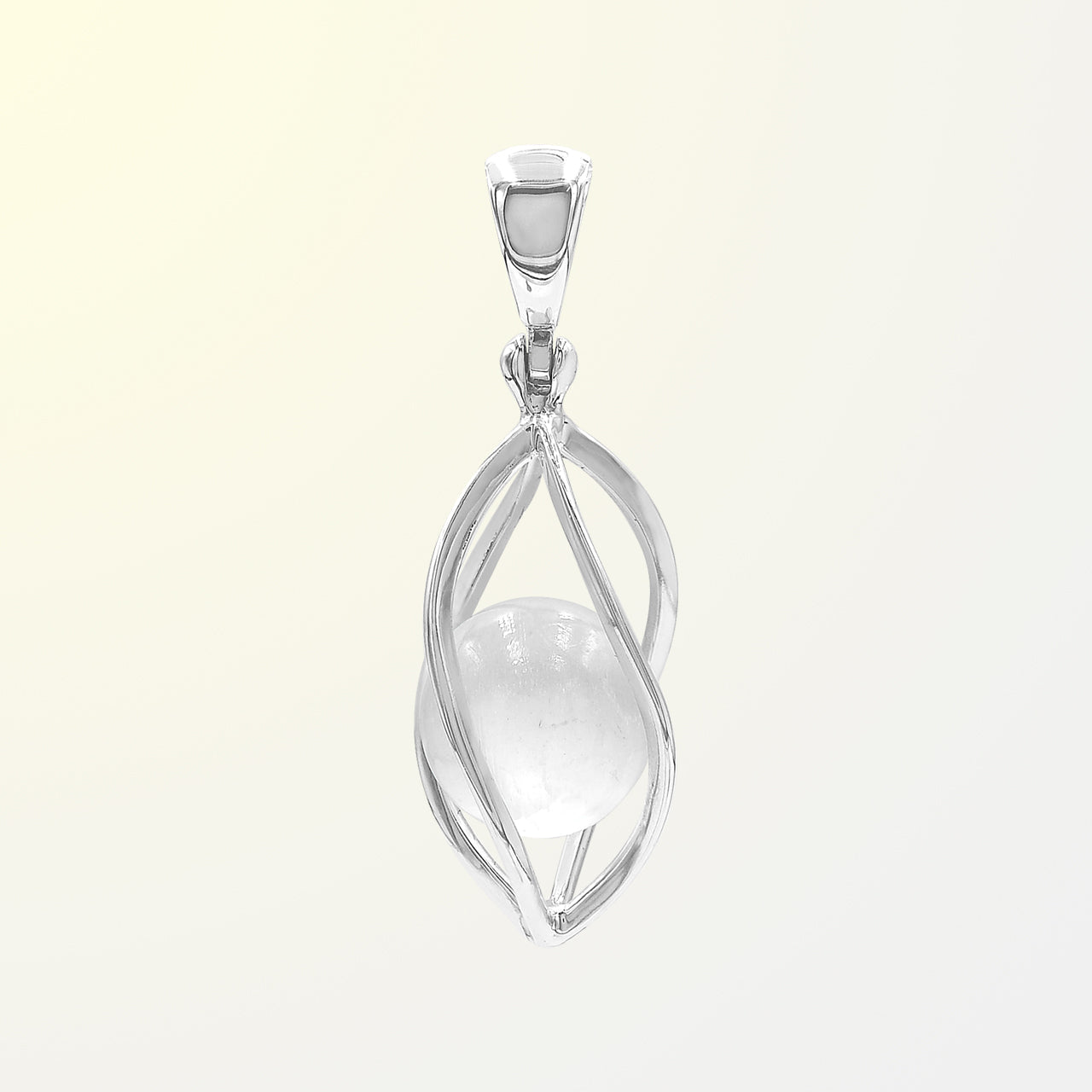 Starborn Selenite Sphere 10mm Spiral Caged Pendant in Sterling Silver